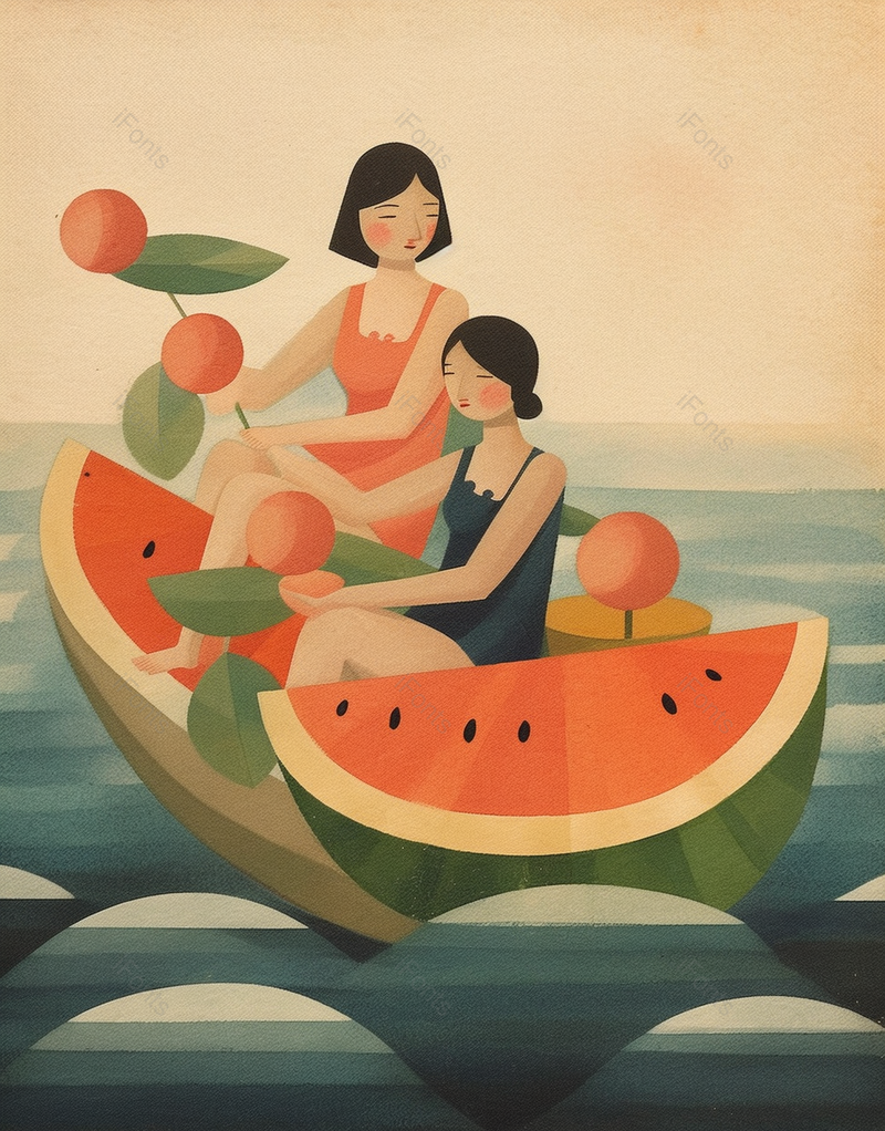 夏天小暑裙子女孩们乘船漂流冒险西瓜水果插画,插画/手绘图,插画/手绘图库,插画/手绘图下载,插画/手绘